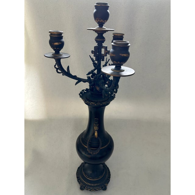 Chinoiserie Antique Ornate Chinese Bronze Four Armed Candelabra For Sale - Image 3 of 11