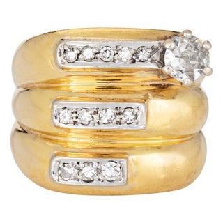 70s Diamond Wide Band Sz 9 Cigar Ring Vintage 18k Yellow Gold Fine Jewelry For Sale