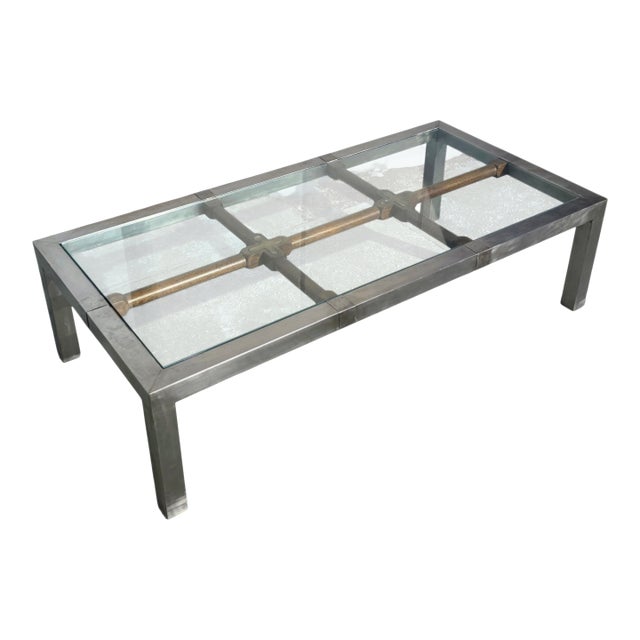 Mid 20th Century Hollywood Regency Brushed Metal With Brass Accents and Glass Top on Wood Grid Coffee Table For Sale