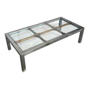 Mid 20th Century Hollywood Regency Brushed Metal With Brass Accents and Glass Top on Wood Grid Coffee Table