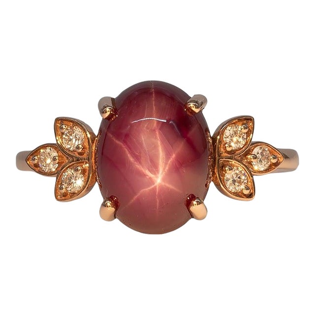 6Ct Star Ruby Cabochon Ring With Diamond Accents: Solid 14k Gold, Size 6.75 For Sale