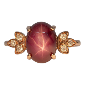6Ct Star Ruby Cabochon Ring With Diamond Accents: Solid 14k Gold, Size 6.75