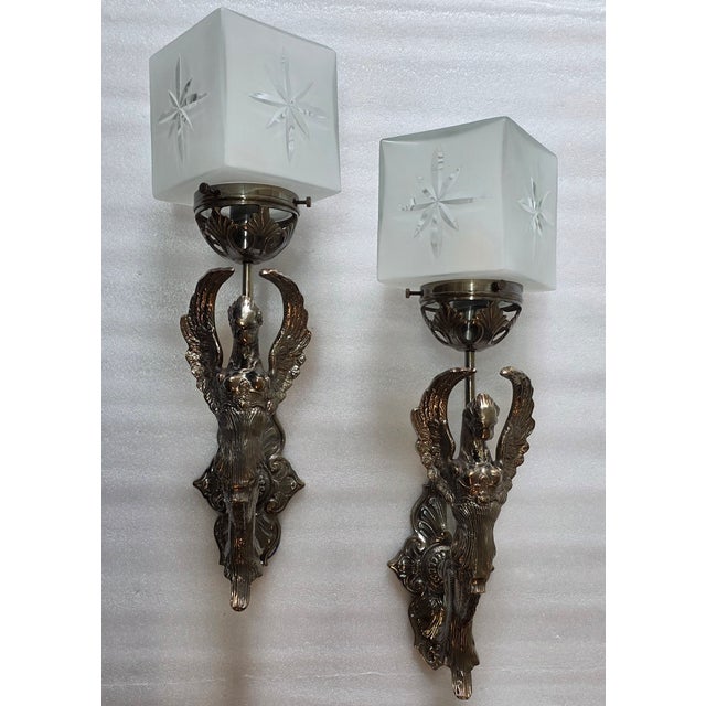 Vintage Art Nouveau Deco Light Old Lamp Lion Mermaid Wall Sconces Fixture Brass & Star Glass Shade Light Lamp - a Pair For Sale - Image 4 of 5