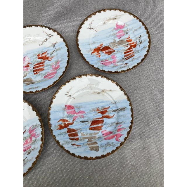 White Early 20th Century Antique Kutani Hand Painted Koi Plates, Signed- Set of 9 For Sale - Image 8 of 12