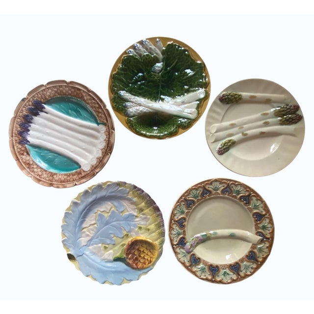 French and Belgian Barbotine Asparagus Plate Wall Plates, Set of 5 For Sale - Image 10 of 10