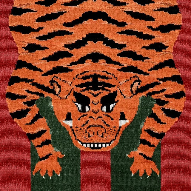 Abstract Schumacher x Johnson Hartig Jokhang Tiger Velvet Fabric in Red & Green For Sale - Image 3 of 4
