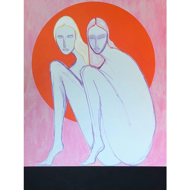 Emmanuel Araujo "Sun" Contemporary Colorful Pink and Orange Nude Female Figures Painting, 2023 For Sale