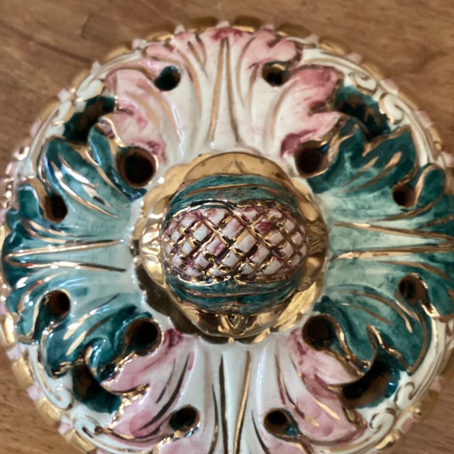 Vintage Majolica Capodimonte Italy Dish & Cover 363/502 Adorable Color Palette Golden Rim and Details For Sale In Chicago - Image 6 of 12