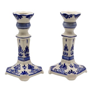 197s Dutch Delft Blue & White Candlesticks- a Pair For Sale