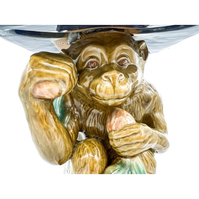 Late 20th Century Vintage Majolica Ceramic Monkey Plant Stand – Blue & Green Glazed Chinoiserie / Hollywood Regency For Sale - Image 5 of 12