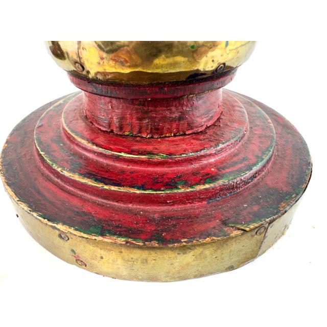 Red 1970s Pair of Hand-Painted Red and Gold Wooden Candleholders With Brass Trim For Sale - Image 8 of 13