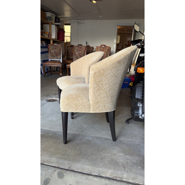 Donghia Pair of Donghia Shadow Arm Chairs Upholstered Fabric in Neutral Tan/Gold Subtle Leaf Pattern For Sale - Image 4 of 6