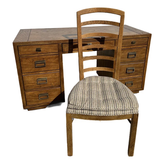 1980s Drexel Heritage Woodbriar Collection Campaign 7 Drawer Desk & Chair For Sale