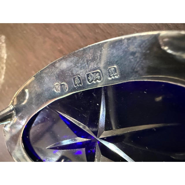 Mid 19th Century Antique Birmingham Sterling Silver Salt Cellars Cobalt Blue Crystal Insert Pair For Sale - Image 5 of 6