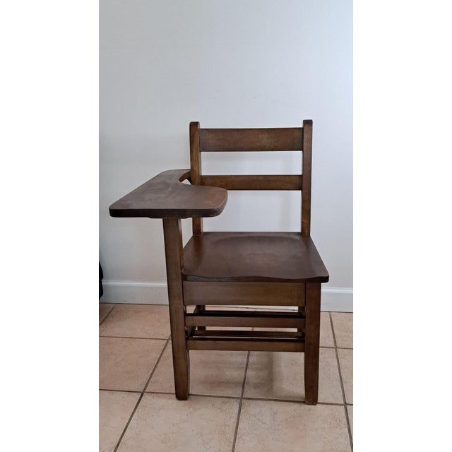 SKU: OT 3294 1930s Wooden School Desk Chair w/Attached Writing Arm & Book Shelf Ocean County Classic vintage wooden school...