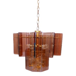 Hollywood Regency Brown Smoked Glass Panel Two Tier Chandelier For Sale