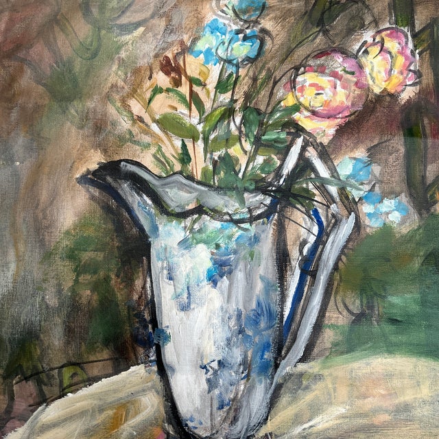 Abstract Expressionism 1950’s Abstract Expressionist Pitcher of Flowers Still Life Painting on Canvas For Sale - Image 3 of 6