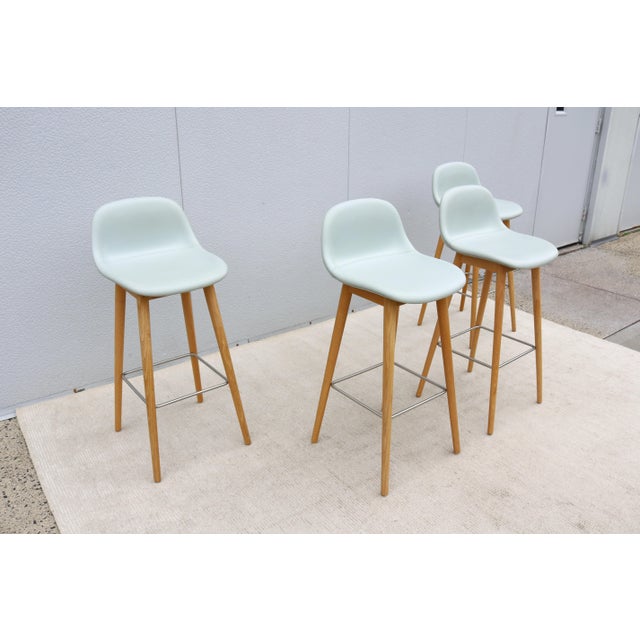 2020s Danish Modern Iskos-Berlin for Muuto Leather Fiber Bar Stools Oak Base, Set of 4 For Sale - Image 5 of 18