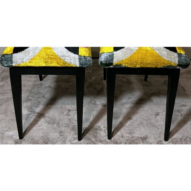 Textile 1950s Mid Century Pair of Italian Wood and Silk Velvet Ikat Benches For Sale - Image 7 of 12