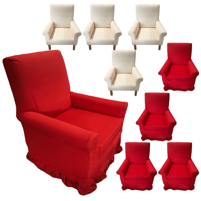 White Muslin Lounge Armchairs with Red Cover and Skirt. $950 each These chairs were part on the set of "Red Corner" in...
