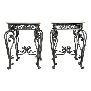 Early 20th Century Pair of Neoclassical Style Patinated Forged Iron Planter Stands with marble top For Sale