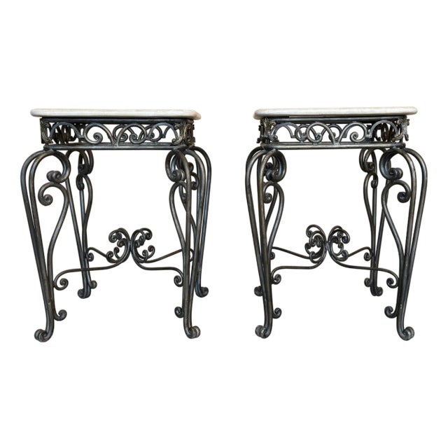 Early 20th Century Pair of Neoclassical Style Patinated Forged Iron Planter Stands with marble top For Sale