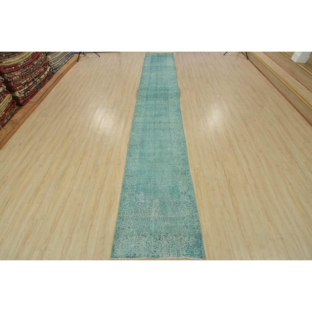Farmhouse Tabriz Runner 2’8” X 18’5” Blue Wool Vintage Overdyed Hand-Knotted Rug For Sale - Image 3 of 11