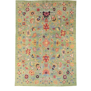 Modern Oushak Handmade Multicolor Floral Designed Green Oversize Wool Rug For Sale