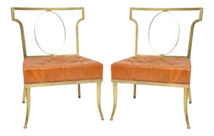 William "Billy" Haines Brass and Orange Leather Chairs - A Pair