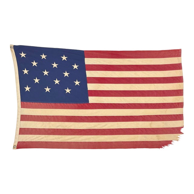 Vintage Cotton Embroidered 15 Star Spangled Banner American Flag For Sale