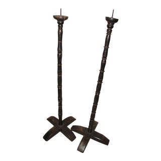 Ebonized Turned Oak Pricket Sticks - A Pair For Sale