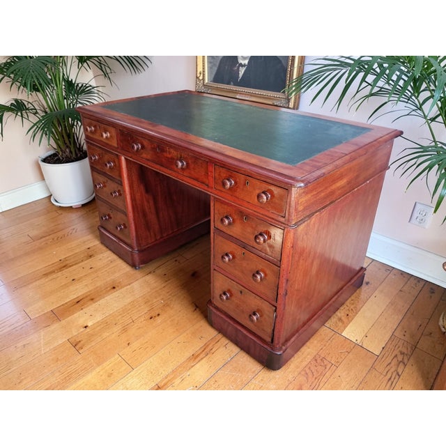 Antique Victorian Mahogany Pedestal Desk with Green Leather, 1890s For Sale - Image 12 of 18