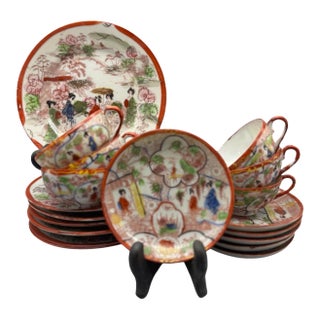Vintage Japanese Famille Rose Style Porcelain Tea - Set of 18 For Sale