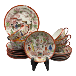 Vintage Japanese Famille Rose Style Porcelain Tea - Set of 18