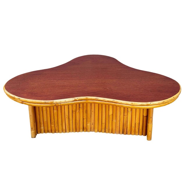 1950s Restored Large Mid-Century Biomorphic Amoeba Rattan & Mahogany Coffee Table For Sale - Image 4 of 8