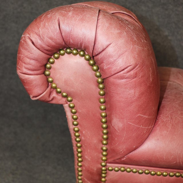 Pink Leather Rolled Arm Tufted Chesterfield Style Mahogany Chippendale Window Bench For Sale - Image 8 of 12