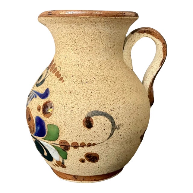 Vintage Tonala Mexico Pitcher – Hand-Painted Stoneware With Blue Floral & Bird, Folk Art Pottery Vase, 5.5" For Sale