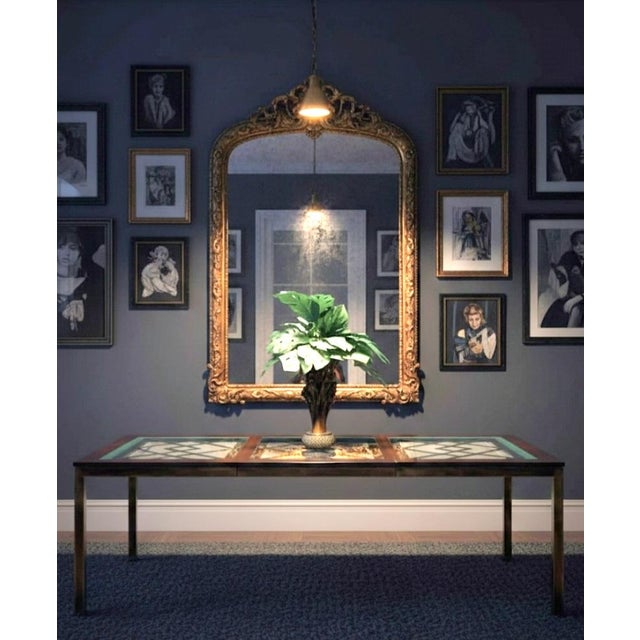 Brass 1980s Vintage Mastercraft Style Huge Fretwork Brass Glass Dark Wood Extension Dining Room Table For Sale - Image 8 of 17