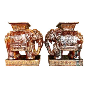 Vintage Coastal Glazed Ceramic “Root Beer” Elephant Garden Seats - a Pair
