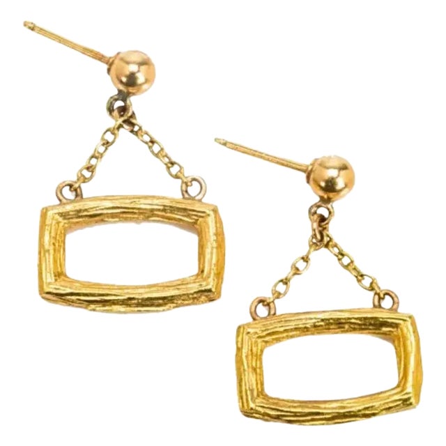 Vintage Bucherer 18k Yellow Gold Brushed Finish Dangle Earrings - 2 Pieces For Sale