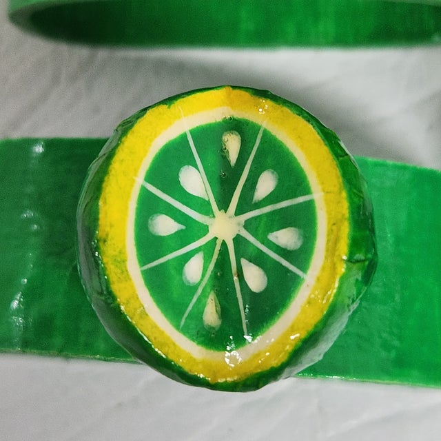 Vintage Lacquered Hand-Painted Papier Mâche Lime Napkin Rings, Set of 6 For Sale - Image 10 of 14
