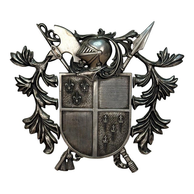 Vintage Medieval Knight Heraldry Cast Metal Coat of Arms Shield Wall Sculpture For Sale