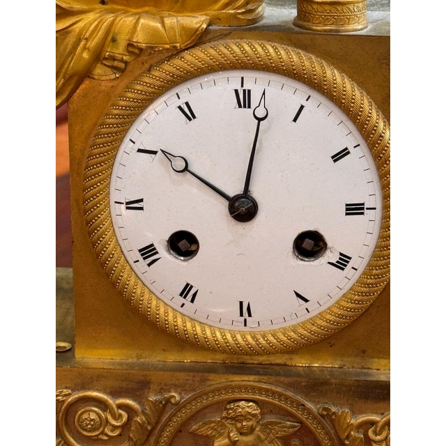 Gold 19th Century French Empire Gilt Bronze Figural Mantel Clock For Sale - Image 8 of 11