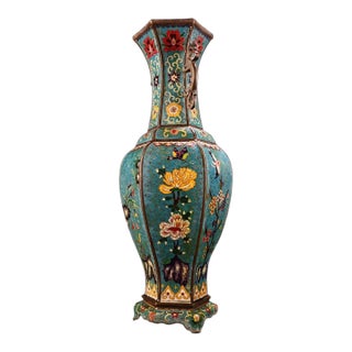 Late 19th Century Cloisonné Enamel Hexagonal Vase With Dragon Handles, 5000g For Sale
