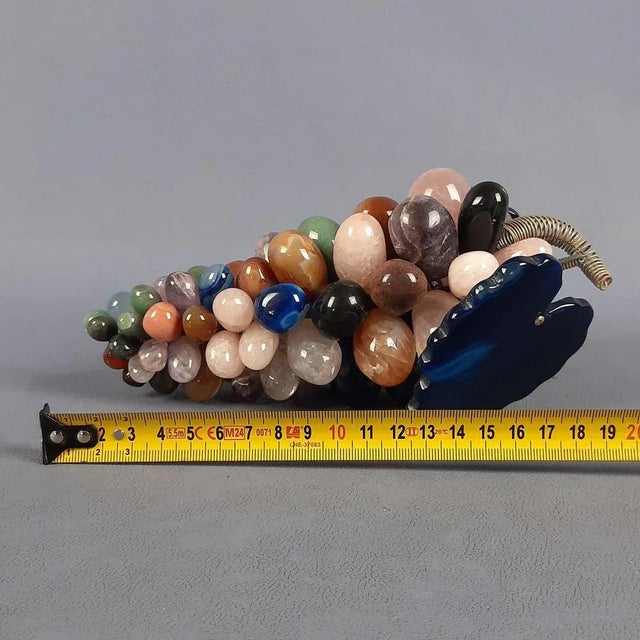 Vintage Bunch of Grapes Sculpture in Various Natural Hard Stones and Blue Agate Leaves, 1960s For Sale - Image 10 of 12