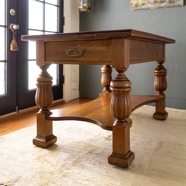 Brown 19th Century Tiger Oak Library Table With Two Drawers and Bead Moulding For Sale - Image 8 of 18