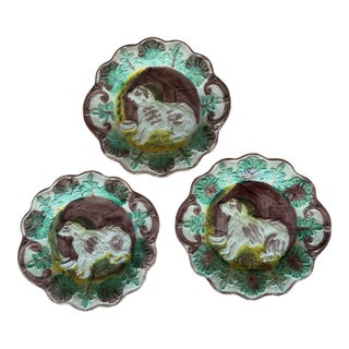 Victorian Era Majolica Dog Plates Arsenal Pottery Set of Three (3) For Sale