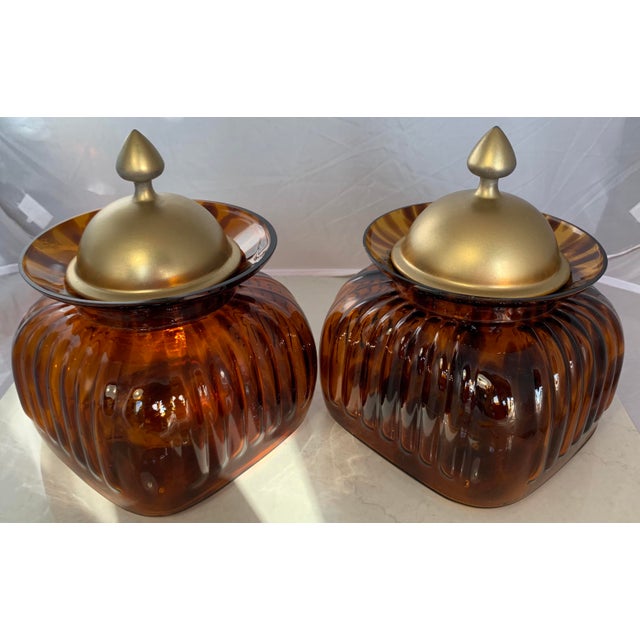 Vintage Fluted Amber Tortoise Pattern Glass and Pewter Lid Canister