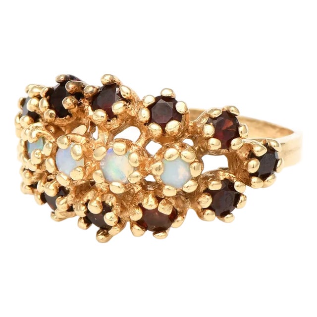 14KY Vintage Garnet(1.65) & Opal(0.40) Cluster Ring, size 7.5 For Sale