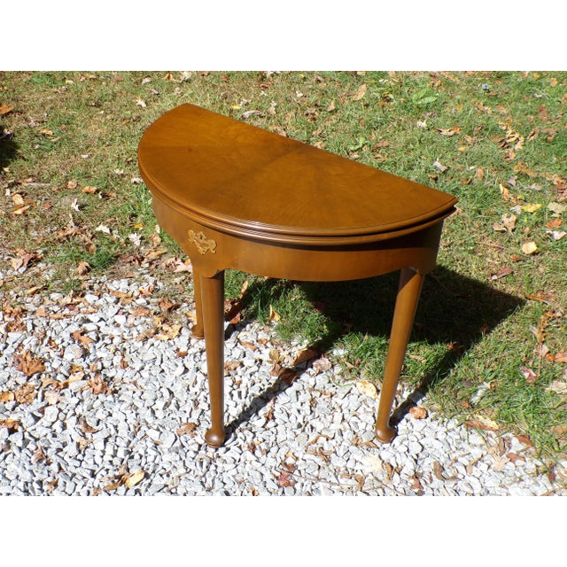 Traditional Vintage Henredon Burl Walnut Demilune Console Table Flip Top Round Table For Sale - Image 3 of 18